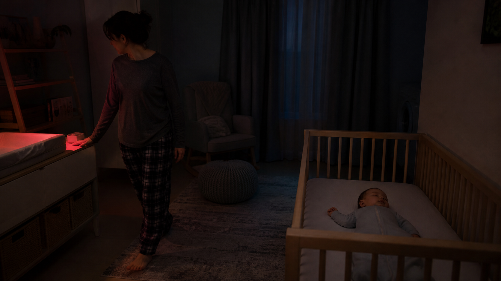 Caregiver crosses a dark nursery while a dim red task light stays away from a baby sleeping on their back in an empty crib