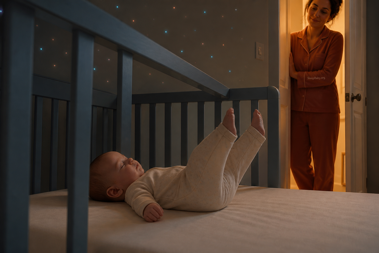 A baby on their back lifts both covered legs above a firm bare crib mattress while a caregiver watches from outside the crib.