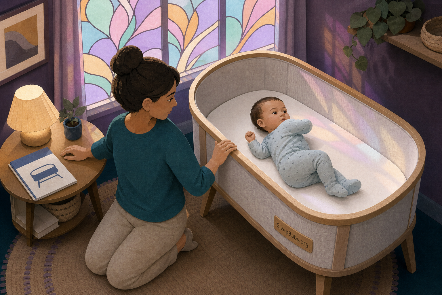 A caregiver watches an awake baby begin to roll in a bare bassinet beside a manual and a large pastel stained-glass window.
