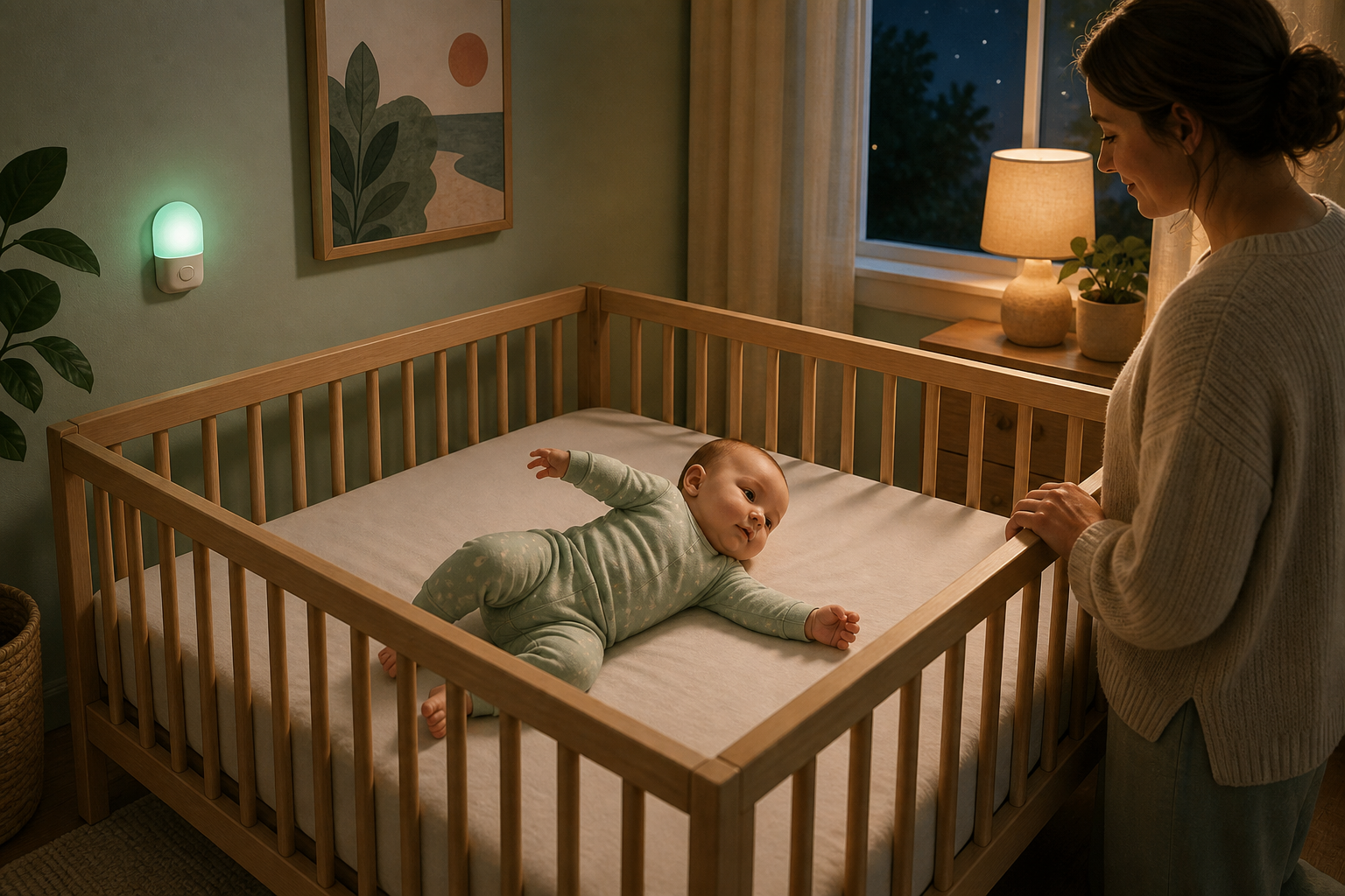Awake infant in fitted pajamas begins a back-to-side roll in a bare wooden crib while a caregiver watches from outside the rail.