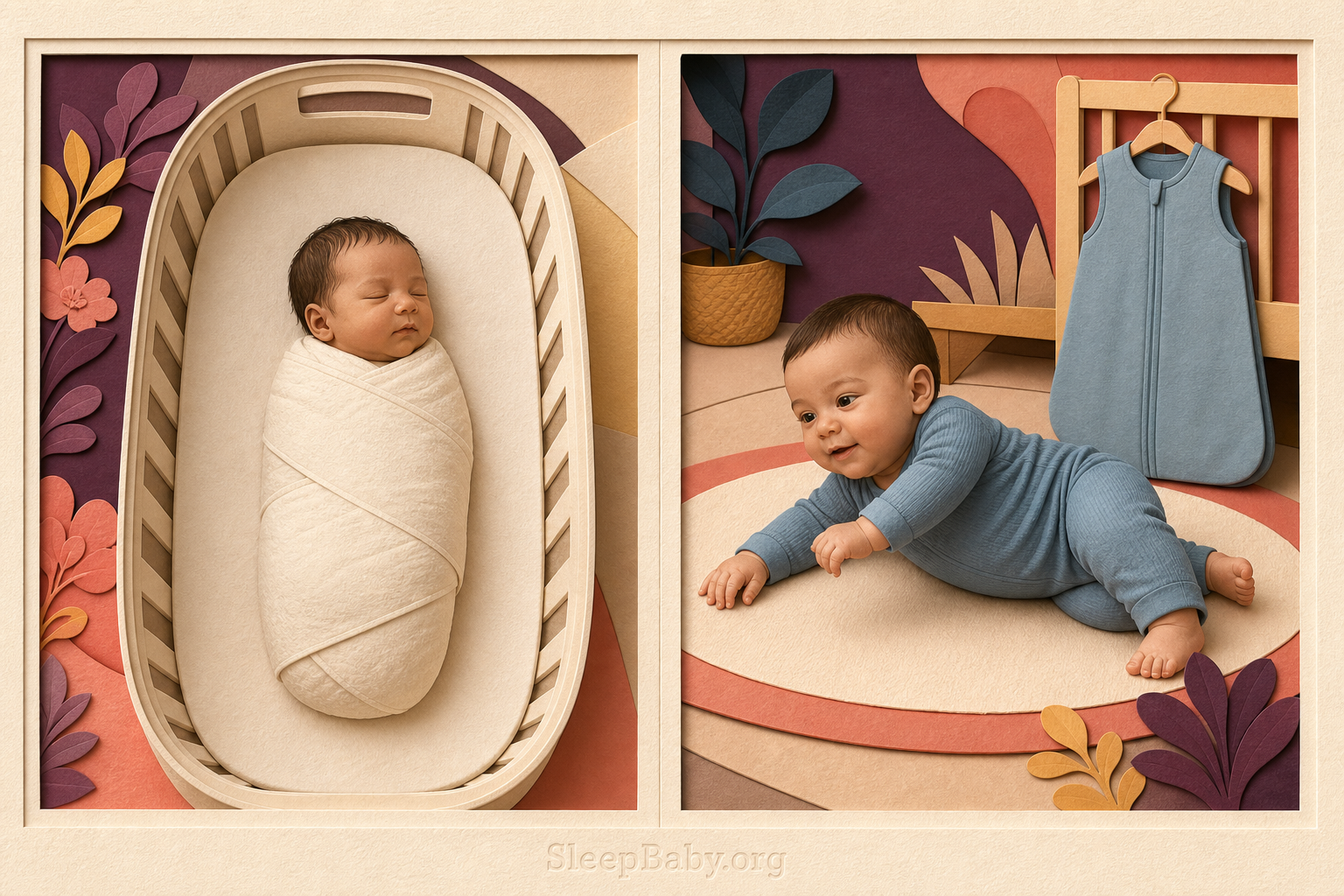 Cut-paper diptych of a pre-rolling swaddled newborn and an older baby practicing a supervised roll with arms free