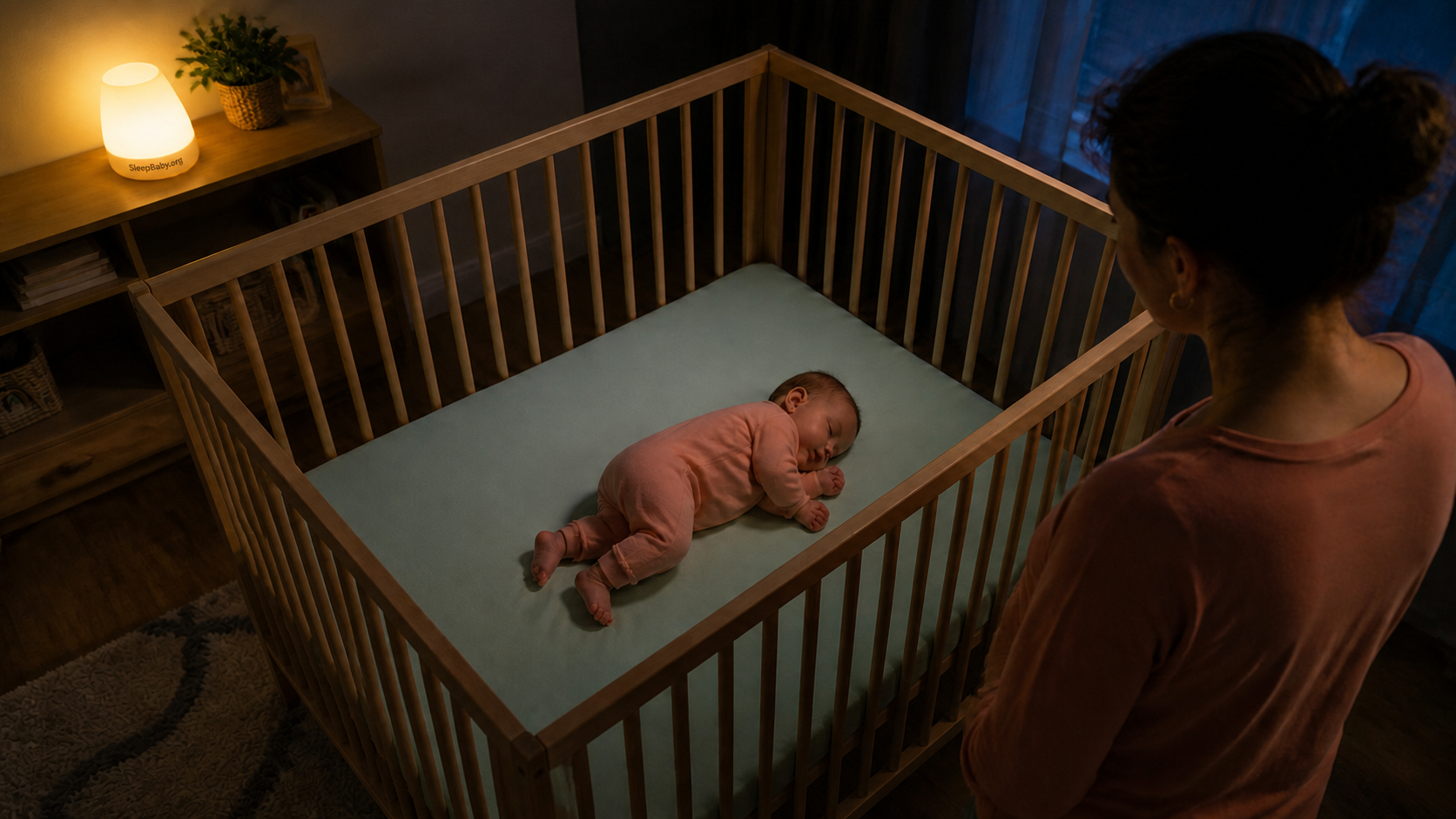 Side-sleeping baby rests in a bare crib as an awake caregiver observes.