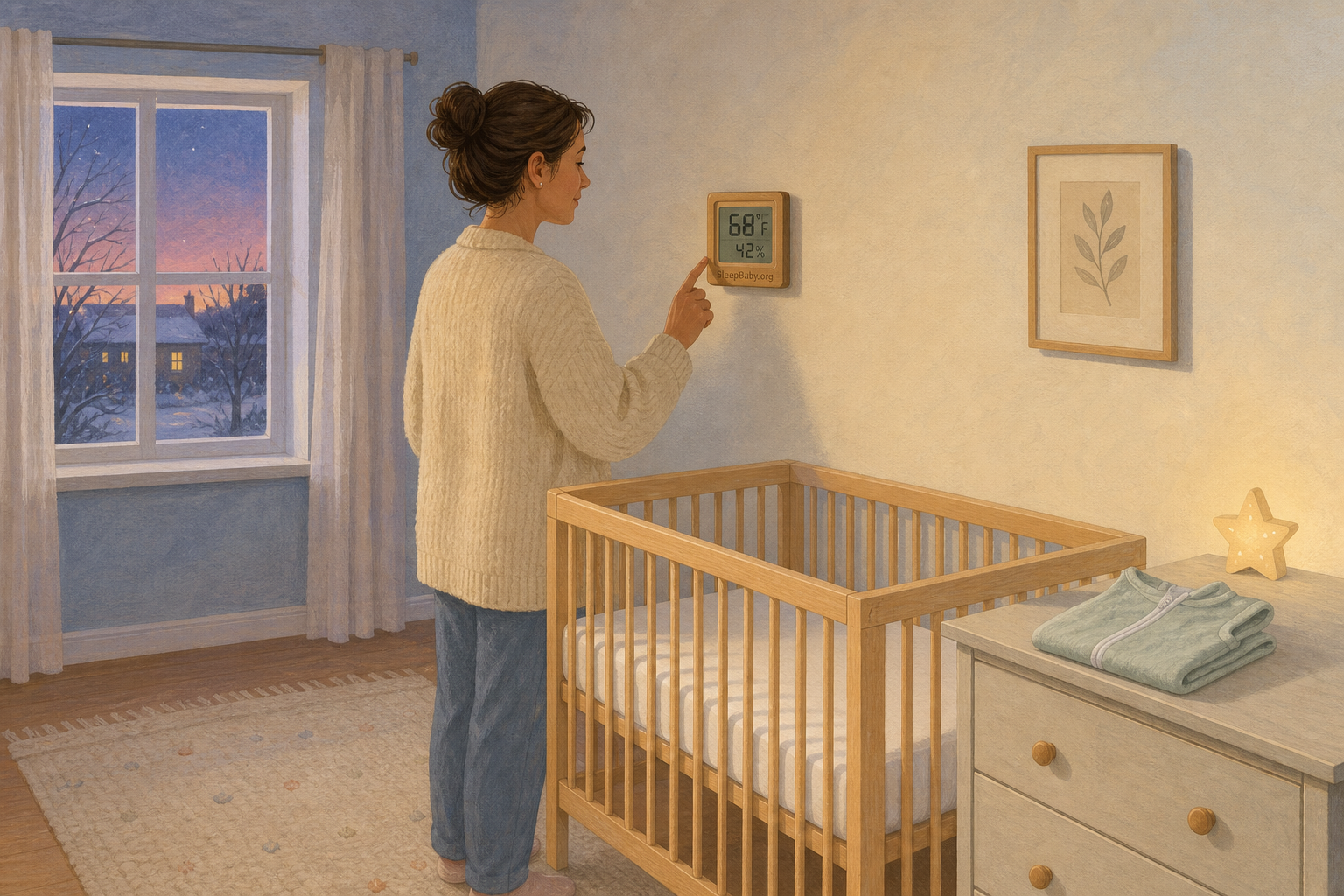 Caregiver reads a wall room thermometer beside a bare empty crib at dusk.