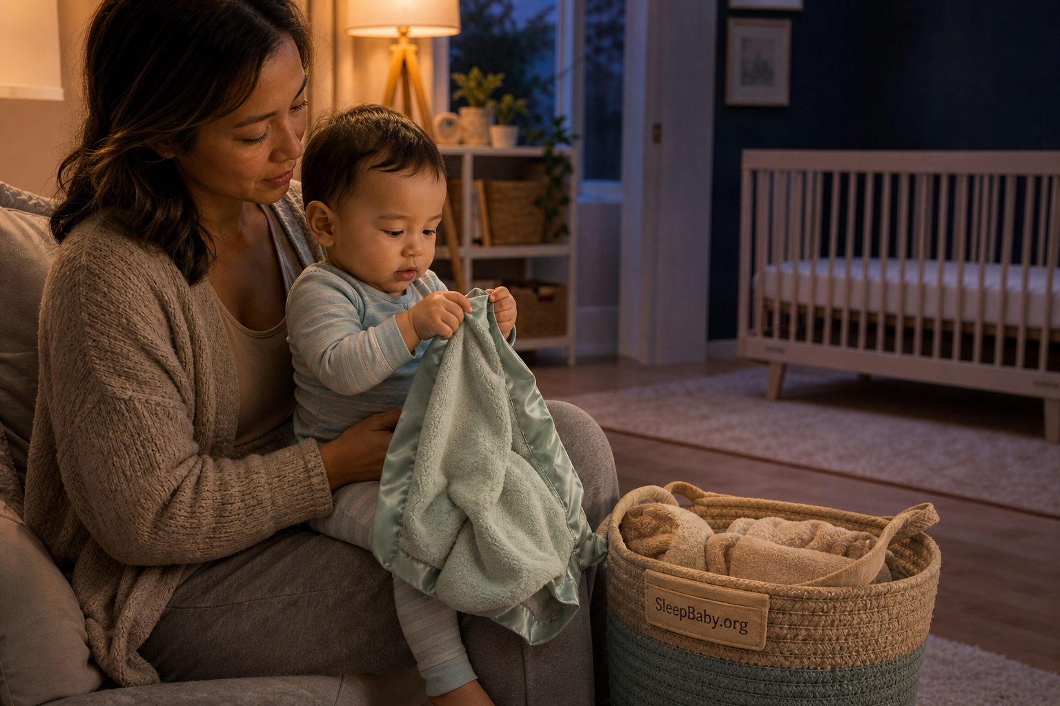 Baby explores a favorite blanket while awake as the empty crib remains a separate sleep space.