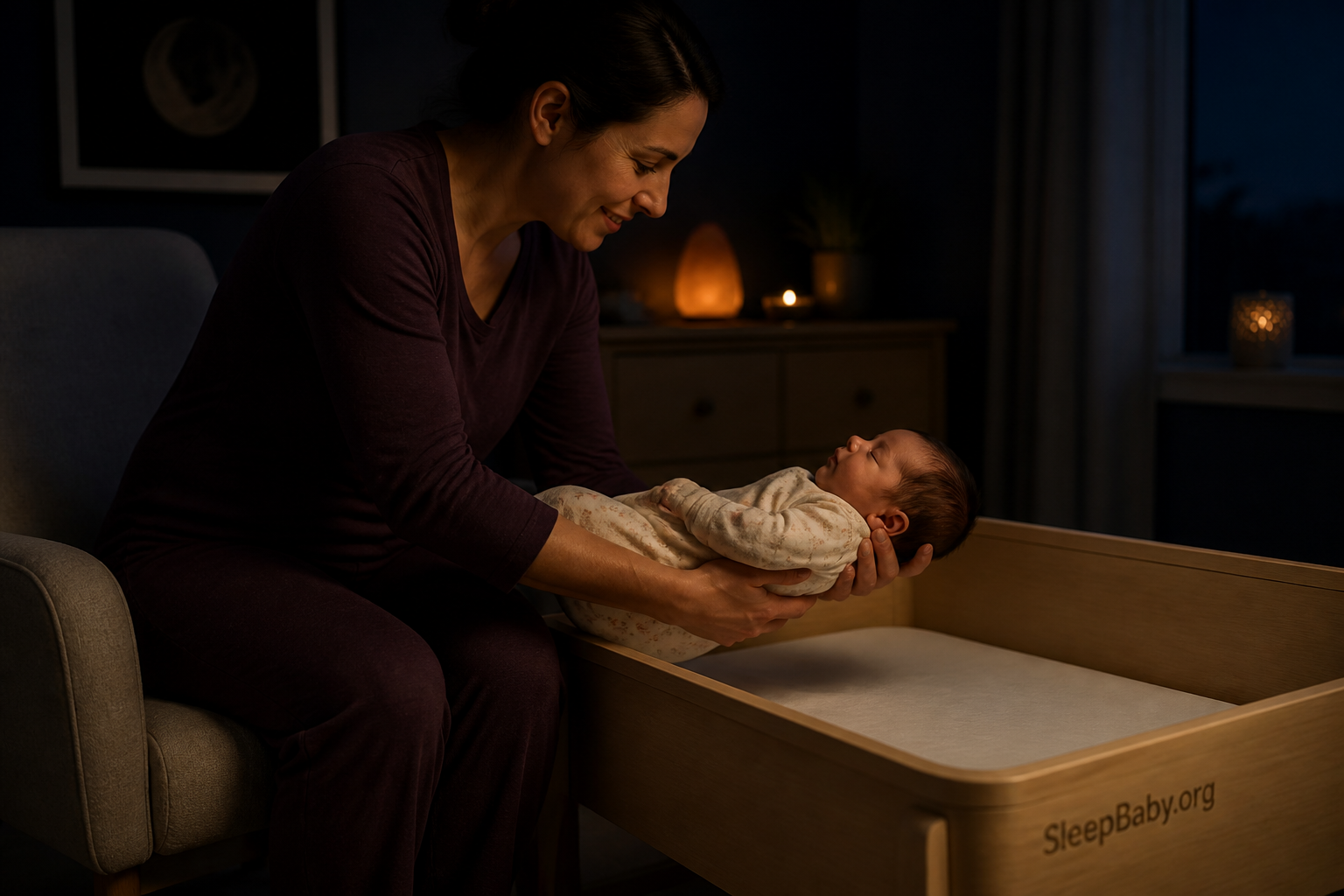 Awake caregiver supporting a sleepy newborn during transfer onto their back in an empty bassinet