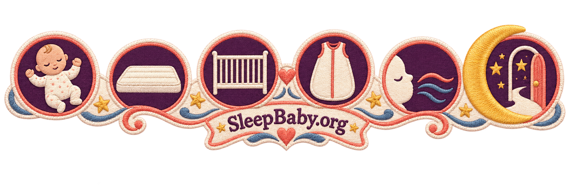Embroidered editorial ribbon with back-sleep baby, flat mattress, empty crib, sleep sack, calm breath and next-sleep doorway