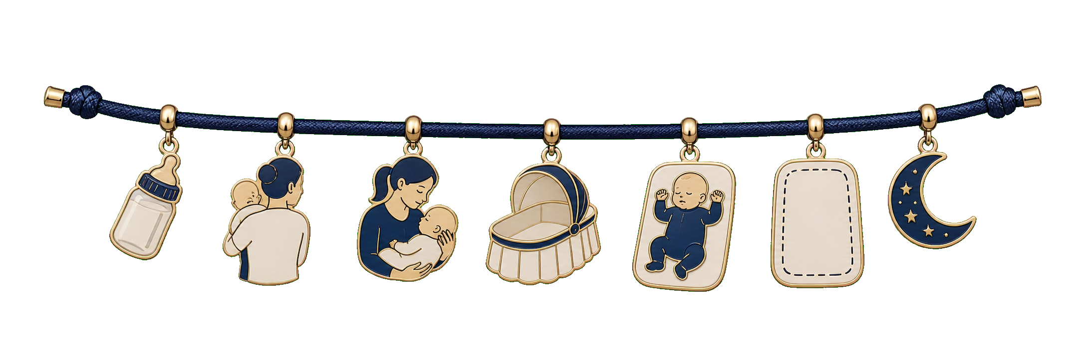 Charm rail showing a bottle set aside, upright hold, supported baby, empty bassinet, back sleep, clear mattress, and moon