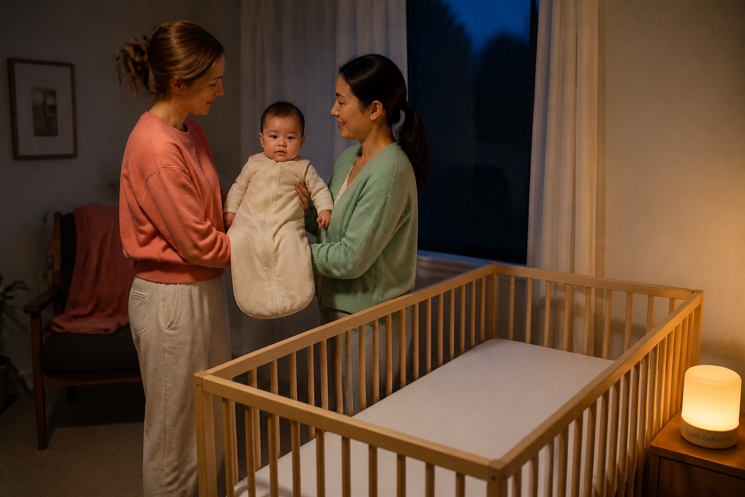A caregiver holds an awake baby beside a bare crib while a written safe-sleep handoff card rests nearby