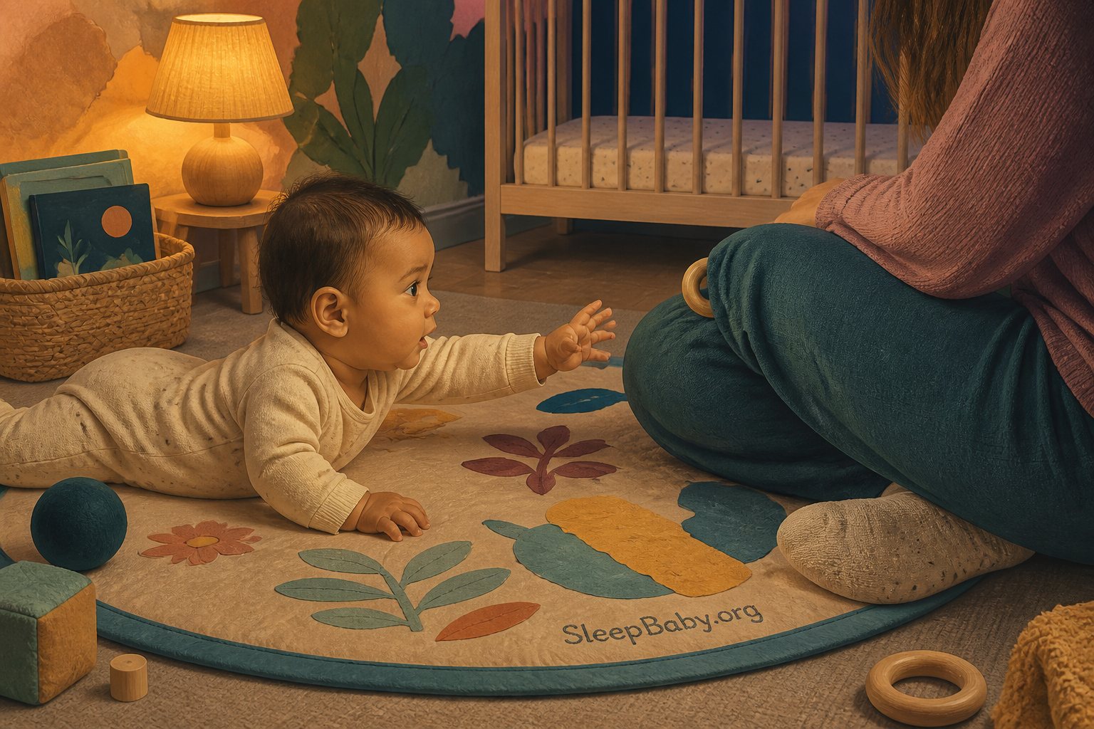 Baby looks and reaches where a wooden ring disappeared behind a caregiver's knee.