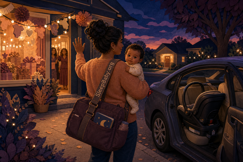 Caregiver waves goodbye with an awake baby beside a car and empty infant seat outside a glowing baby shower at dusk.