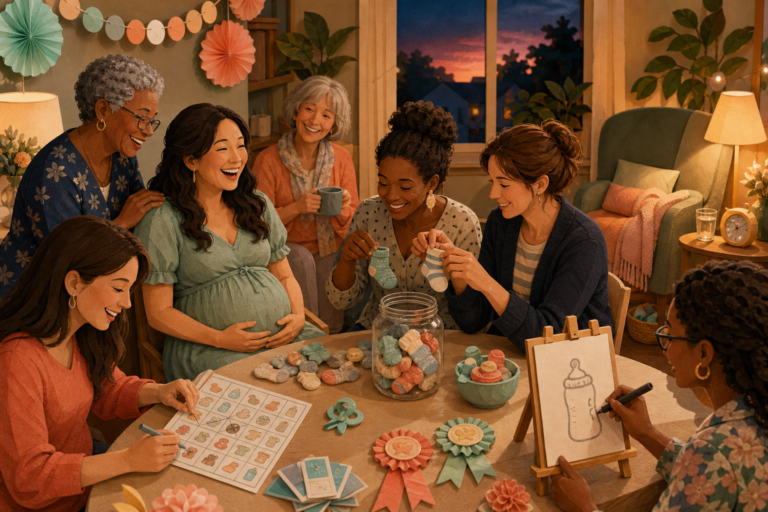 Multigenerational guests mark baby bingo, match tiny socks, and draw a bottle near a dusk rest chair.