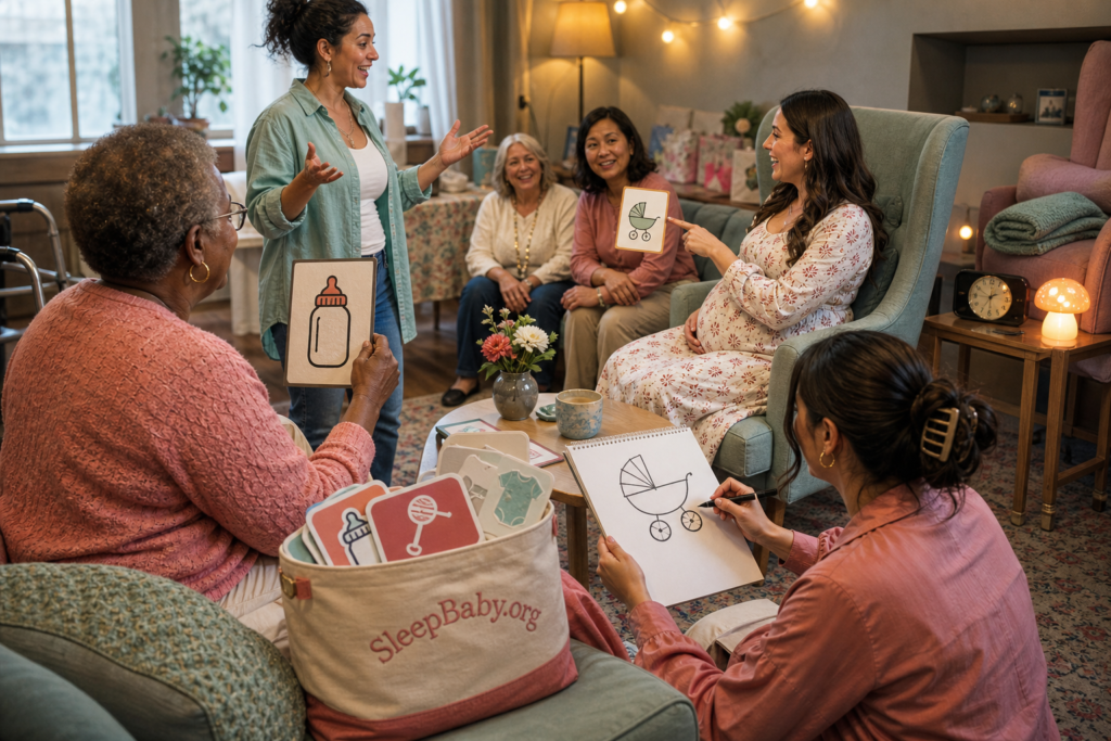 Guests use large baby clue cards and a drawing pad while the seated guest of honor joins the baby shower game.