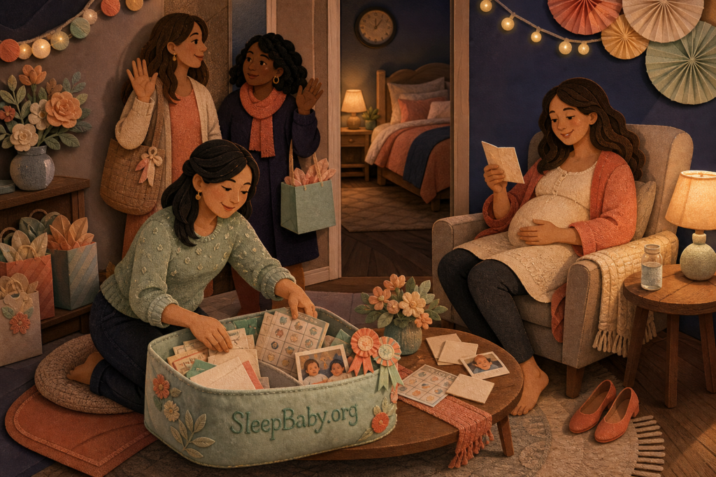 A host packs baby shower game cards into a keepsake bin while the pregnant guest of honor rests beside a lamp.