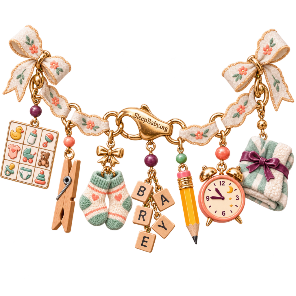 Baby shower arrival-game charms include bingo, sock matching, a pencil, a clock, and a folded blanket.