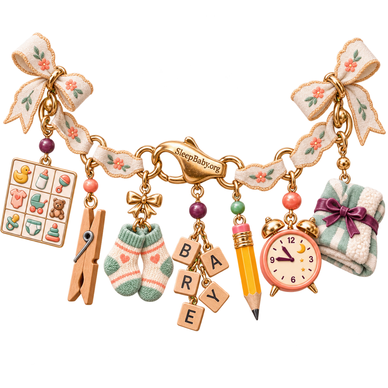 Baby shower arrival-game charms include bingo, sock matching, a pencil, a clock, and a folded blanket.