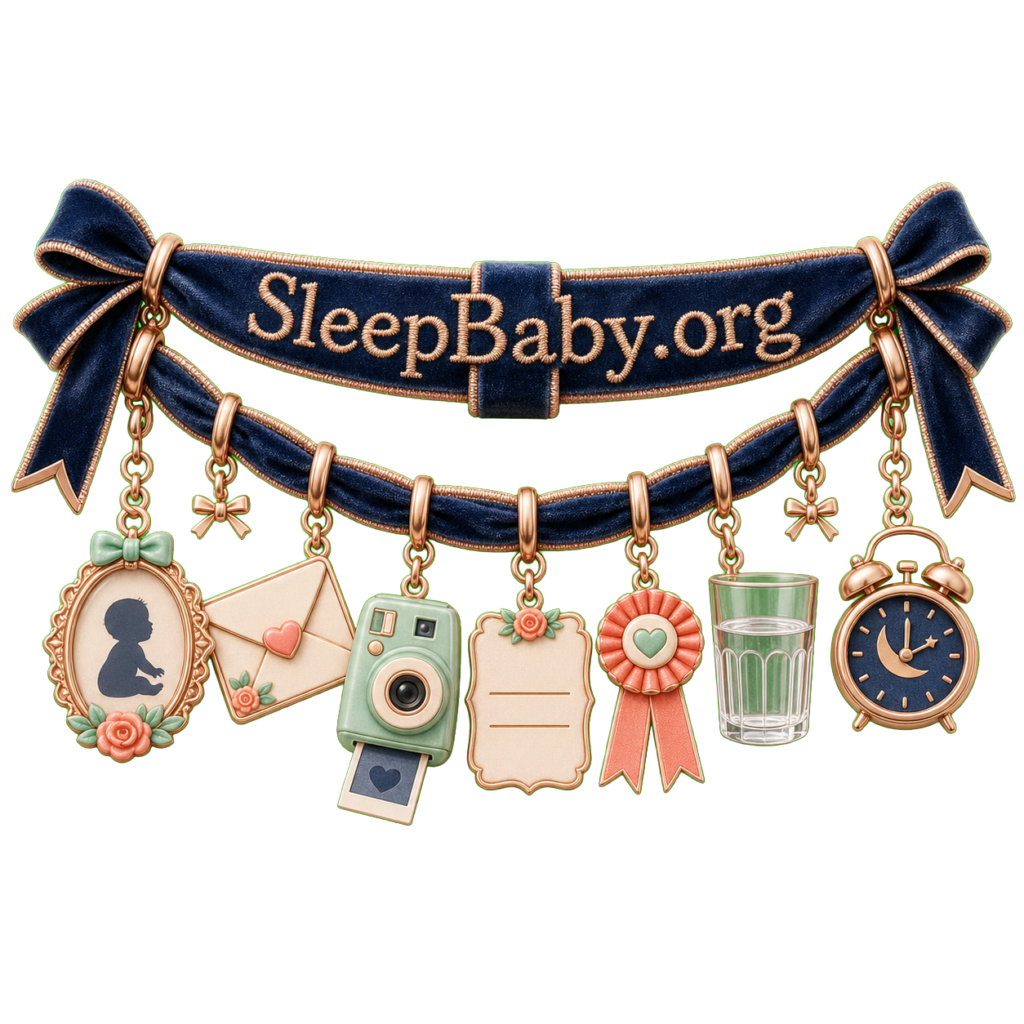 Baby shower keepsake charms include a baby photo, wish envelope, camera, advice card, water, and a bedtime clock.