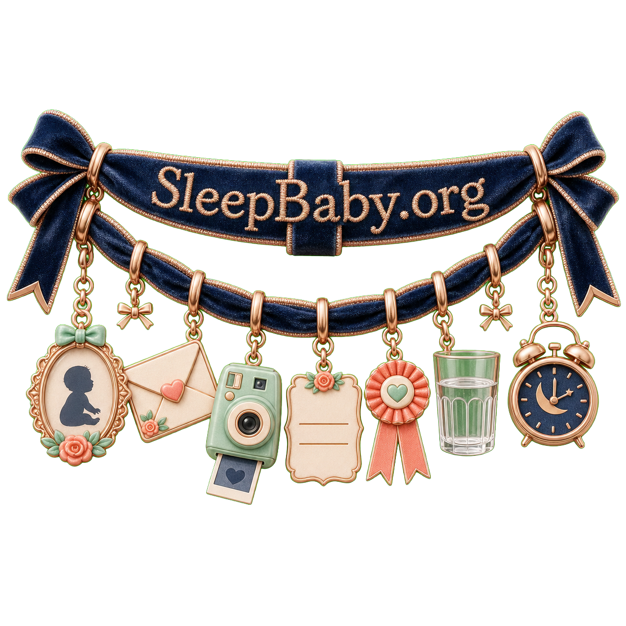 Baby shower keepsake charms include a baby photo, wish envelope, camera, advice card, water, and a bedtime clock.