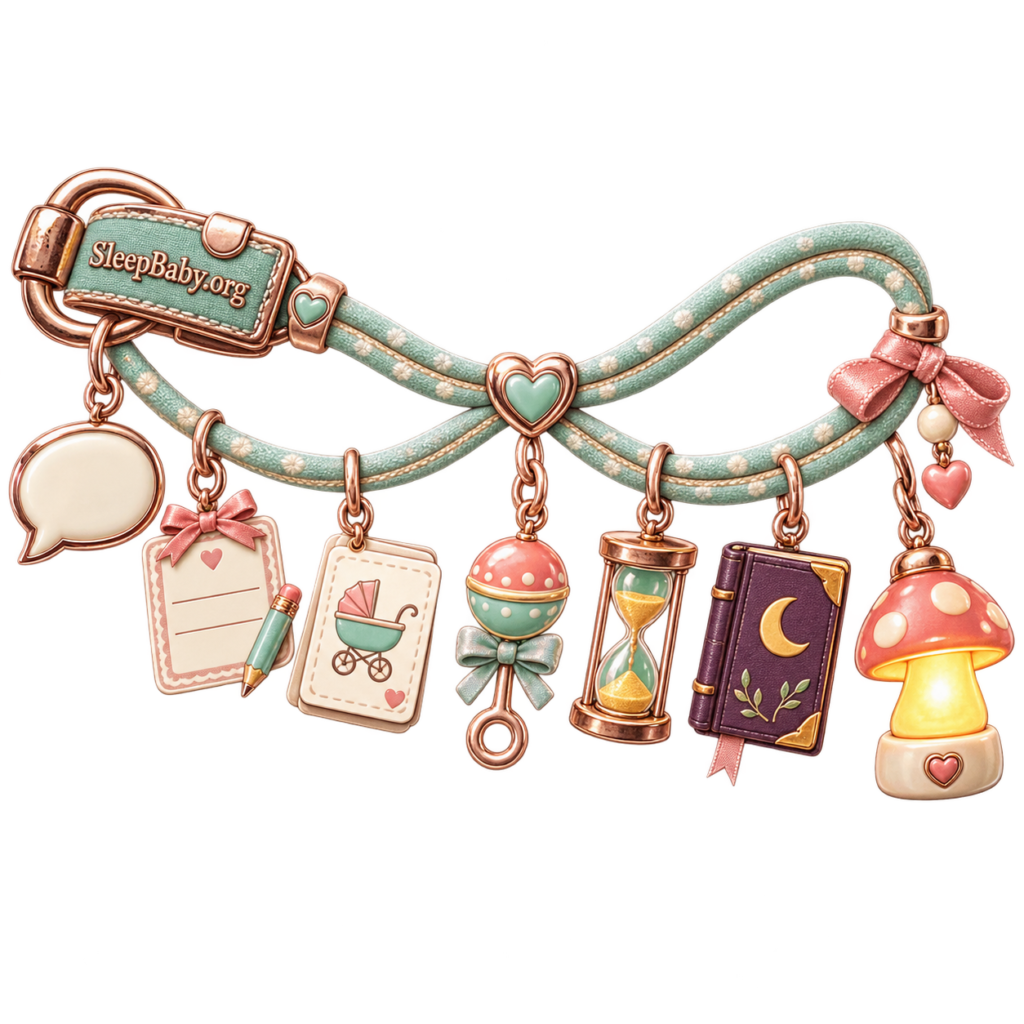 Baby shower verbal-game charms pair clue cards and a timer with a bedtime book and nightlight.