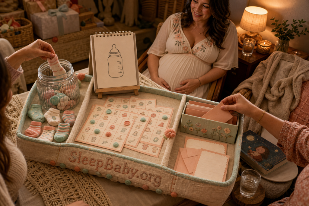A baby shower host tray holds a sock game, bingo cards, drawing easel, and wish envelopes beside a rest nook.