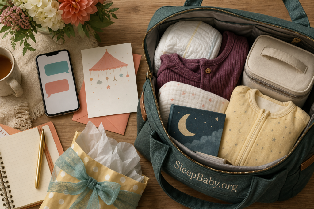 Phone, shower invitation, wrapped gift, cooler, diapers, clothing, and bedtime book surround an open diaper bag.