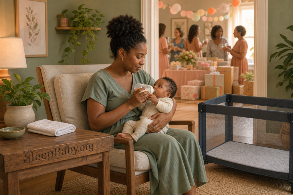 Caregiver bottle-feeds an awake baby beside an empty play yard while shower guests and wrapped gifts remain visible through the doorway.