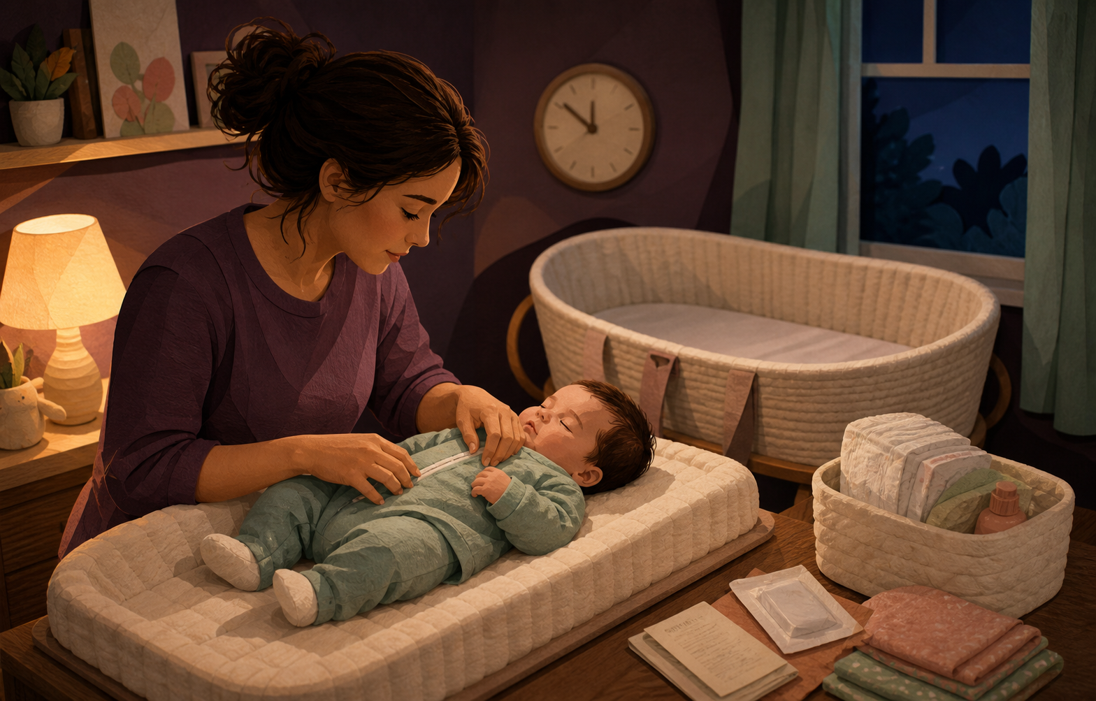 Parent gently checking a newborn's diaper beside a clear empty bassinet in a softly lit nighttime nursery