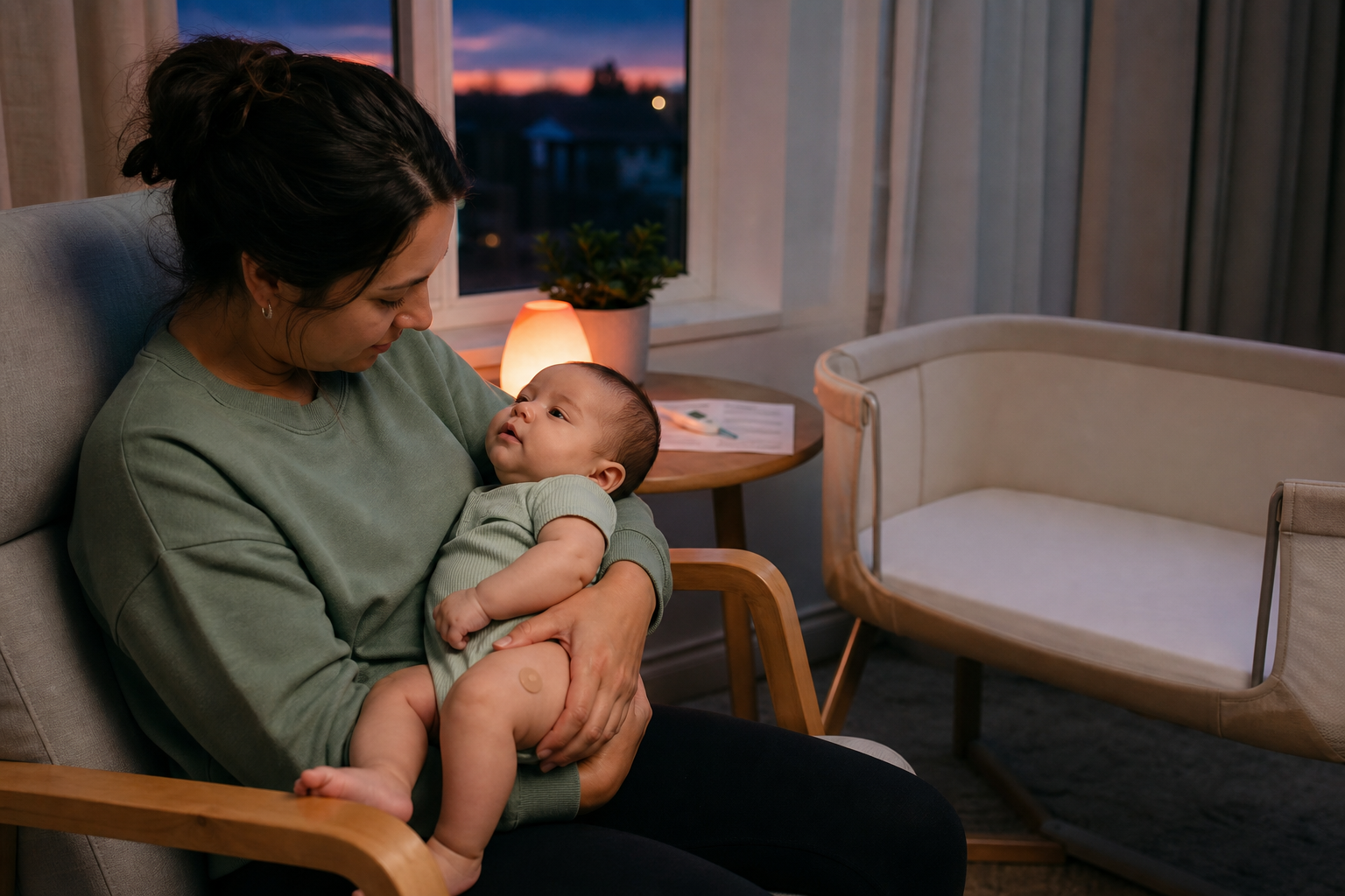 A caregiver checks her awake baby's response after vaccines beside a clear empty bassinet at dusk
