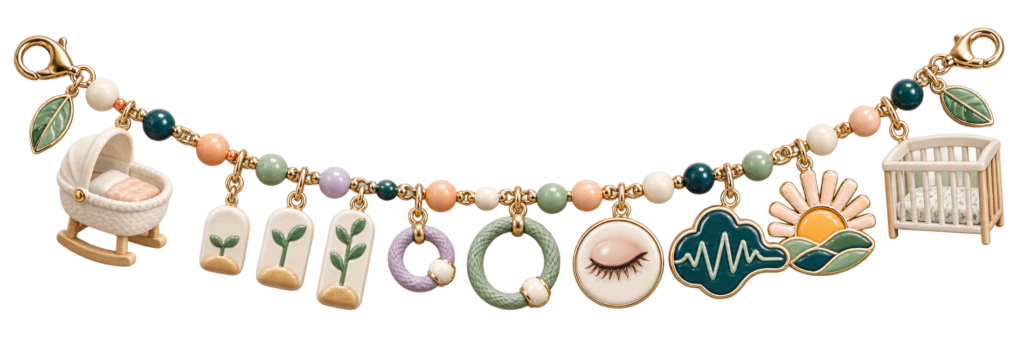 Charm ribbon showing an infant sleep cycle lengthening gradually from newborn sleep through the first year