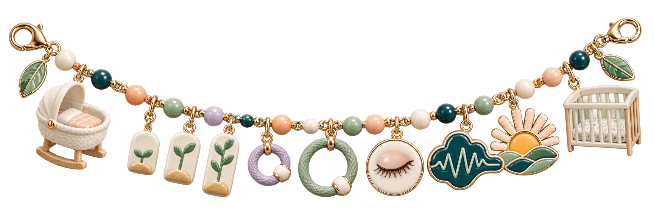 Charm ribbon showing an infant sleep cycle lengthening gradually from newborn sleep through the first year