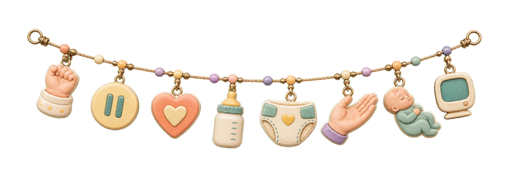 Charm ribbon showing a stirring hand, a pause, feeding and diaper cues, comfort and a safely settled baby