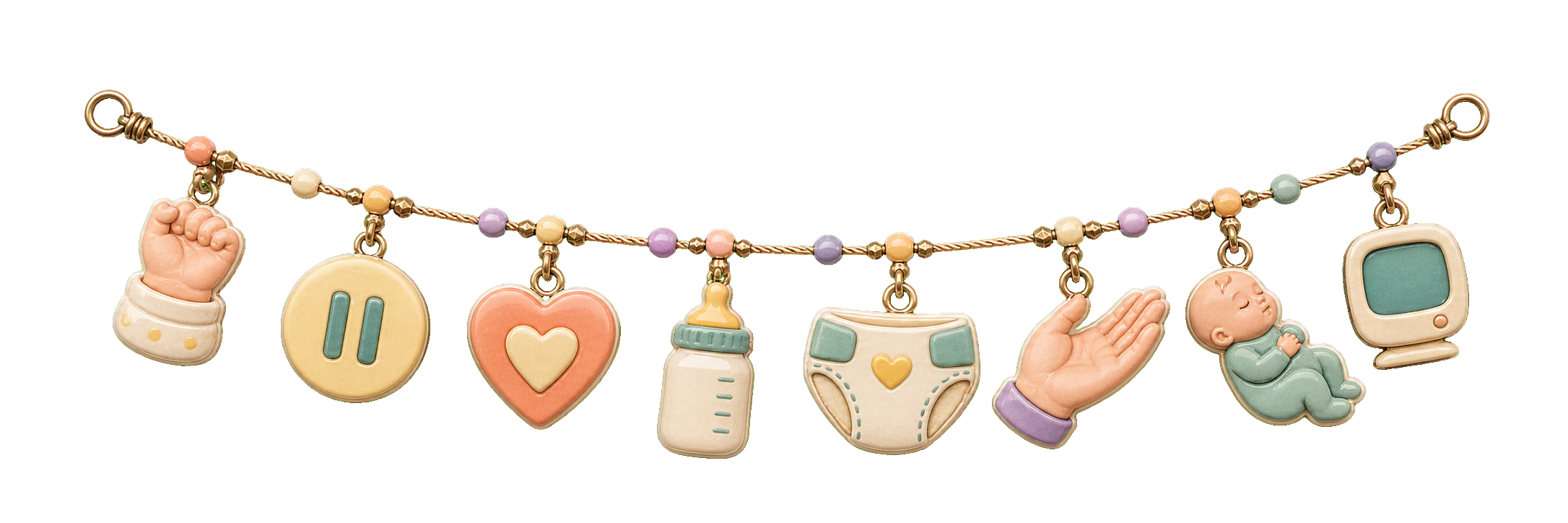Charm ribbon showing a stirring hand, a pause, feeding and diaper cues, comfort and a safely settled baby
