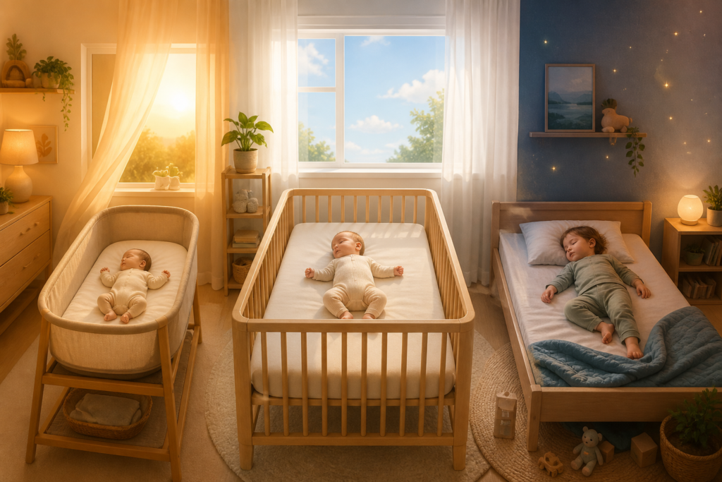 Newborn, older infant and toddler safe sleep spaces are connected by changing light from dawn to night.