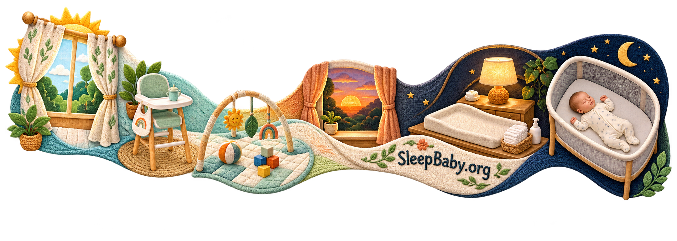 A textile teaching rail moves from bright daytime care and play to dim nighttime care and a baby sleeping on their back in a clear bassinet.
