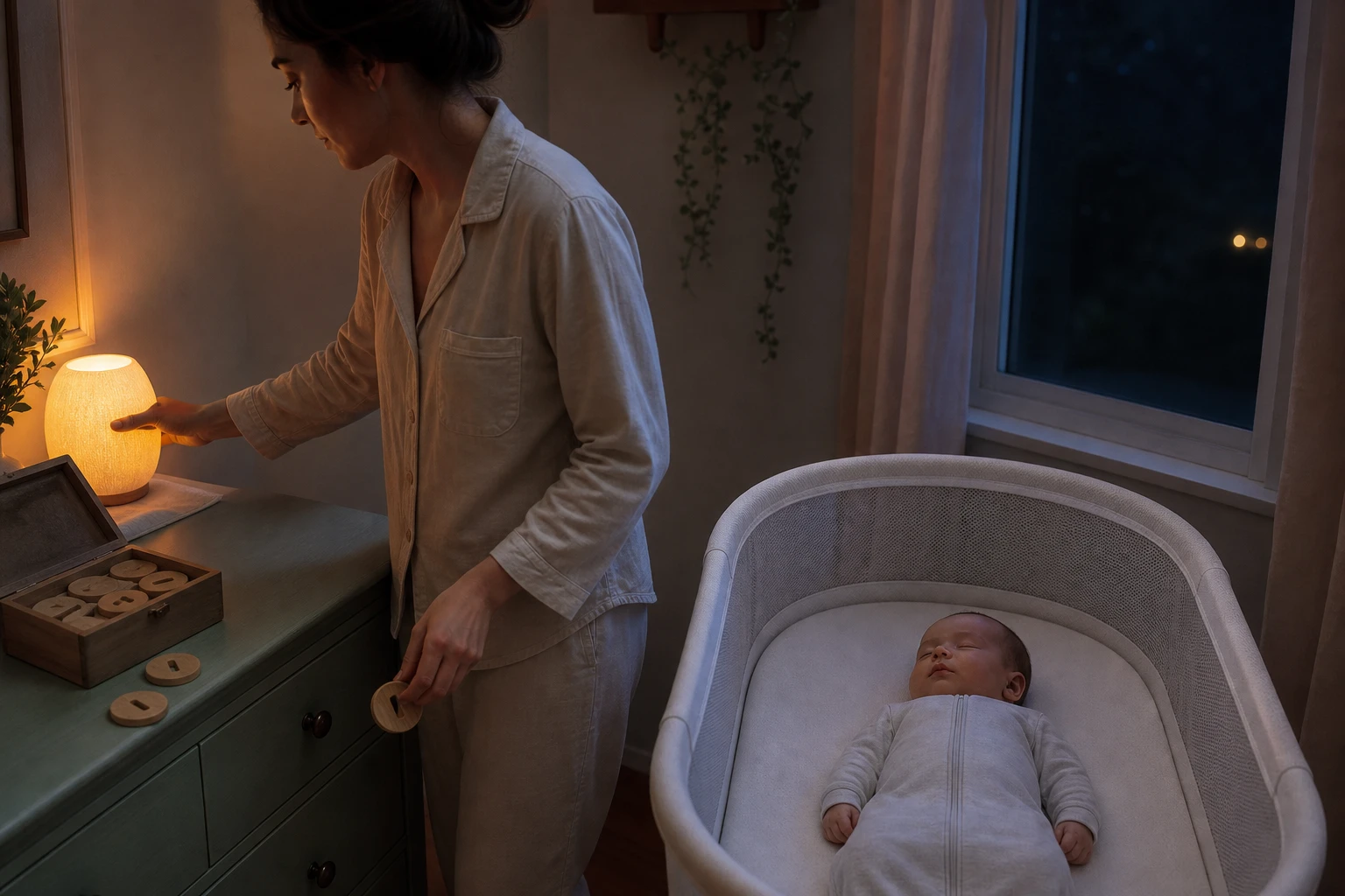 Caregiver dims a bedside lamp while a baby sleeps on their back in an empty bassinet beside one selected wooden toggle.