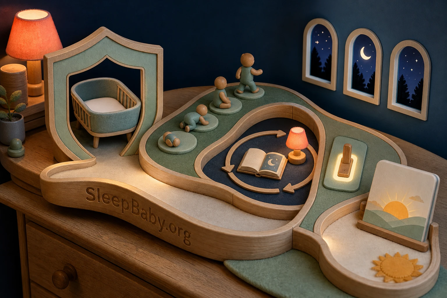 Four household paths lead from one sleep-tip card toward safe to try, optional with guardrails, too much work, or skip for safety, with a bare bassinet visible in the nighttime background.