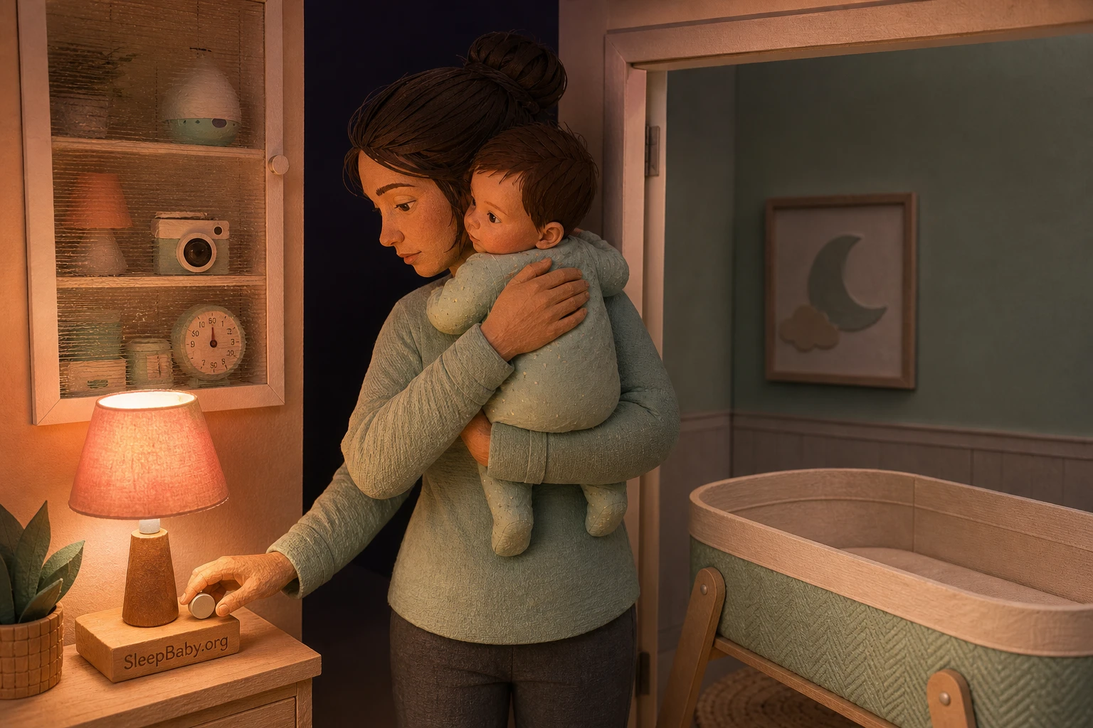 A caregiver holding an awake baby in a dim nursery sets a glowing phone facedown beside a burp cloth while a safe empty bassinet waits nearby.