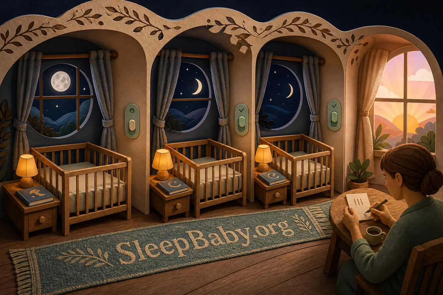 A caregiver changes only a small amber night light across three moonlit panels while the short book, sleep clothes, feeding chair, and safe empty bassinet remain visibly unchanged.