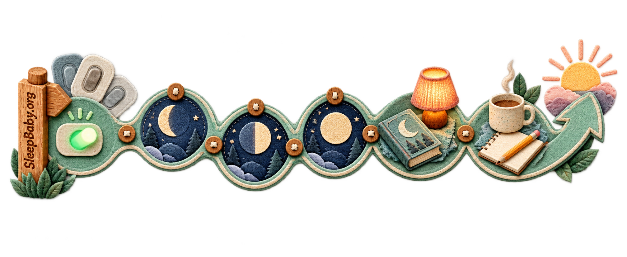 A mint and indigo teaching rail follows one illuminated toggle through three moon phases, unchanged bedtime objects, and a dawn review.