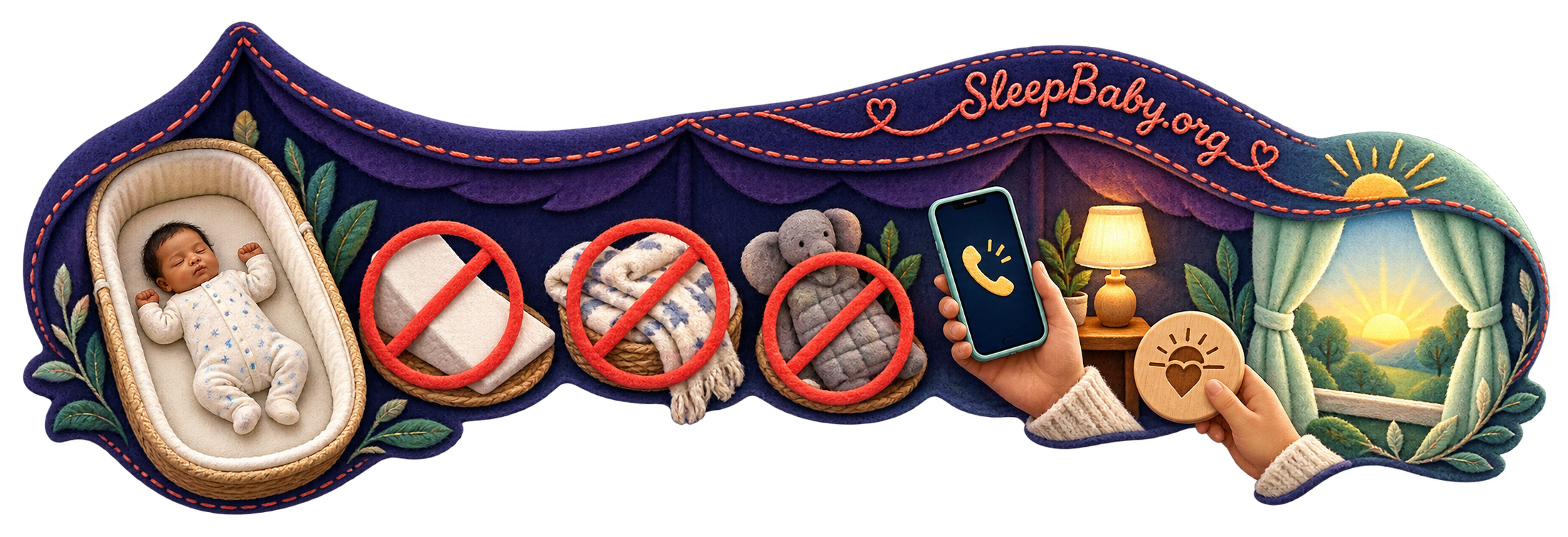 An indigo safety teaching rail shows back sleeping in a clear bassinet, crossed-out loose items outside the sleep space, a caregiver phone, one choice token, and dawn.