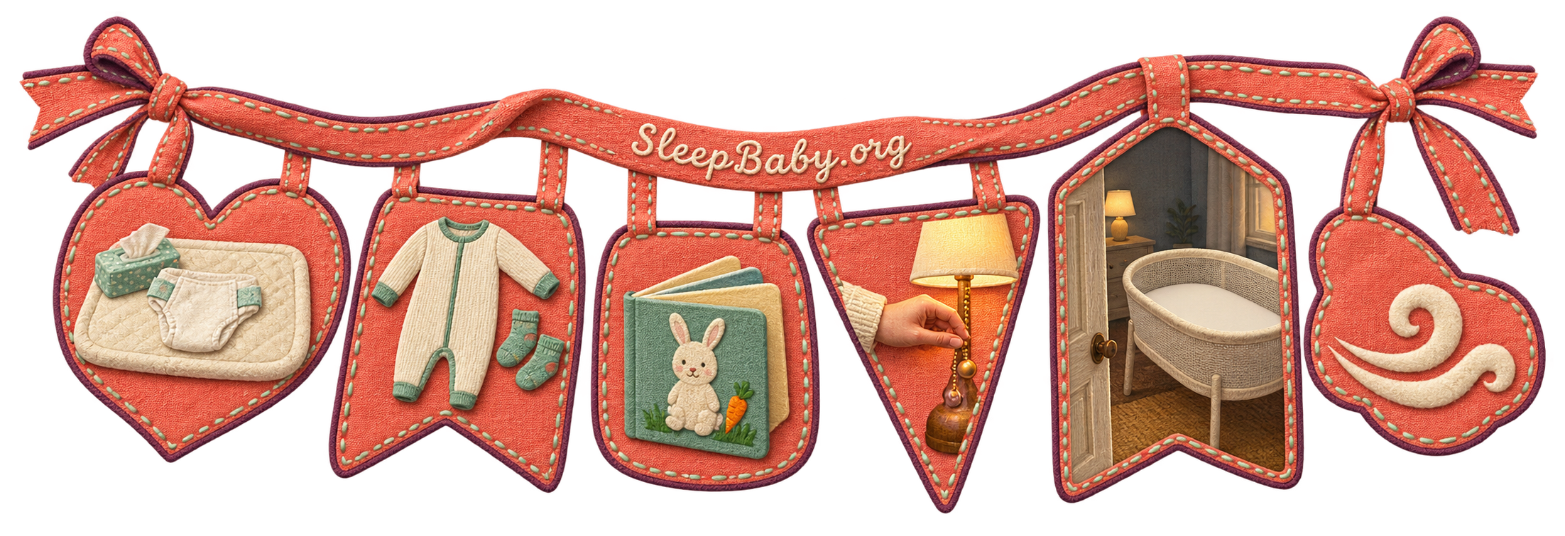 A coral bedtime teaching rail connects a clean diaper, sleep clothes, one board book, a dimmed lamp, and a clear empty bassinet.