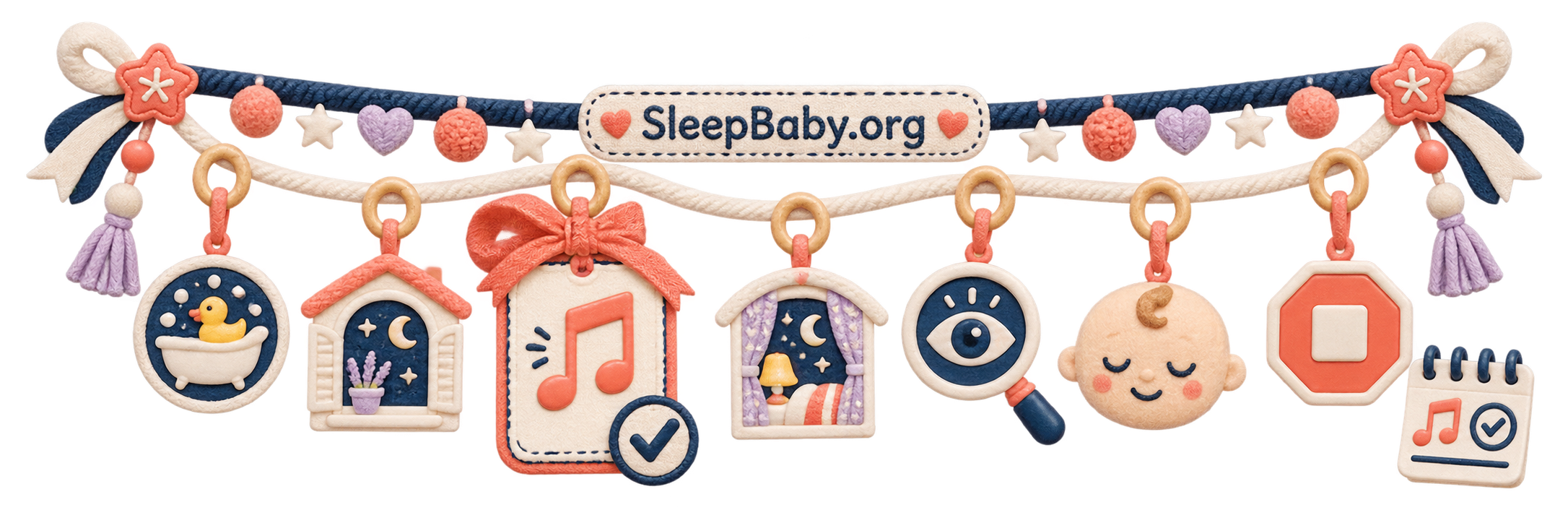 Fabric teaching rail showing one lullaby, repeated bedtime windows, an observation eye, calm baby, stop control, and checked music cue.