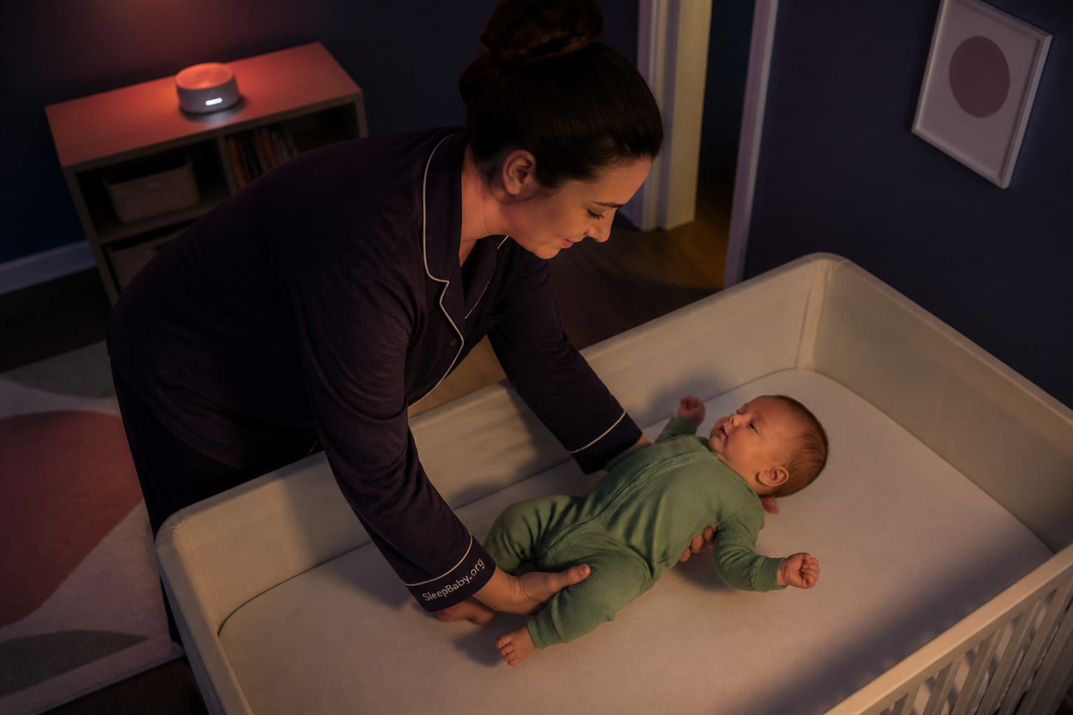 Caregiver completes the bedtime handoff by placing an awake baby on their back in an empty crib while the distant sound timer fades.