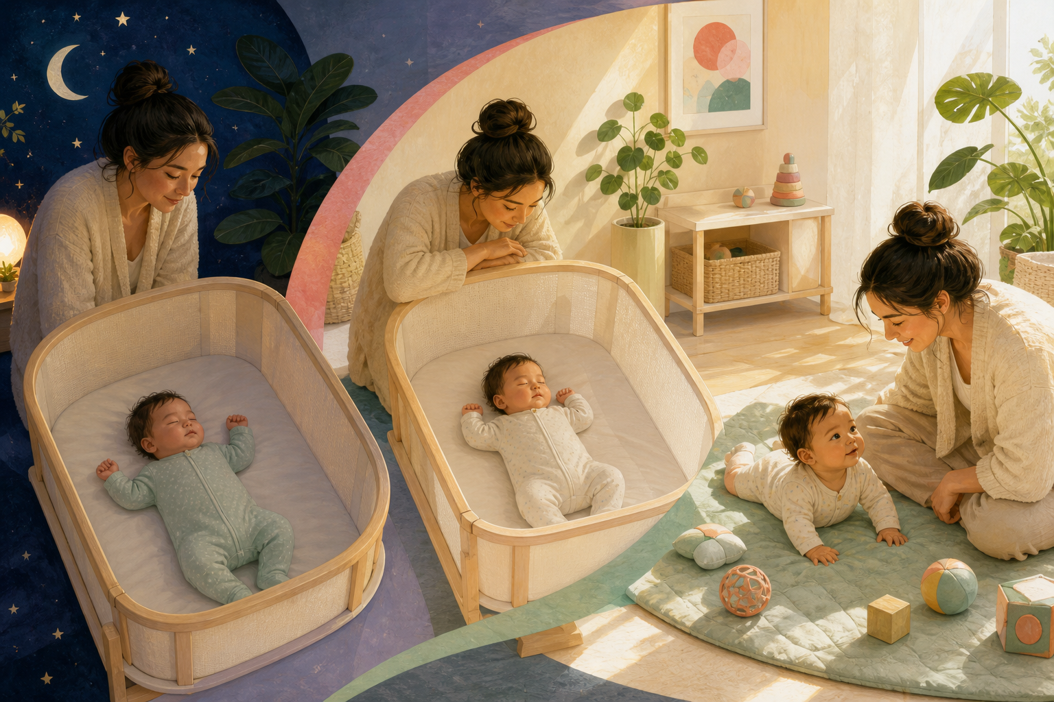 A caregiver observes the same baby safely asleep at night and day, then alert on a play mat.