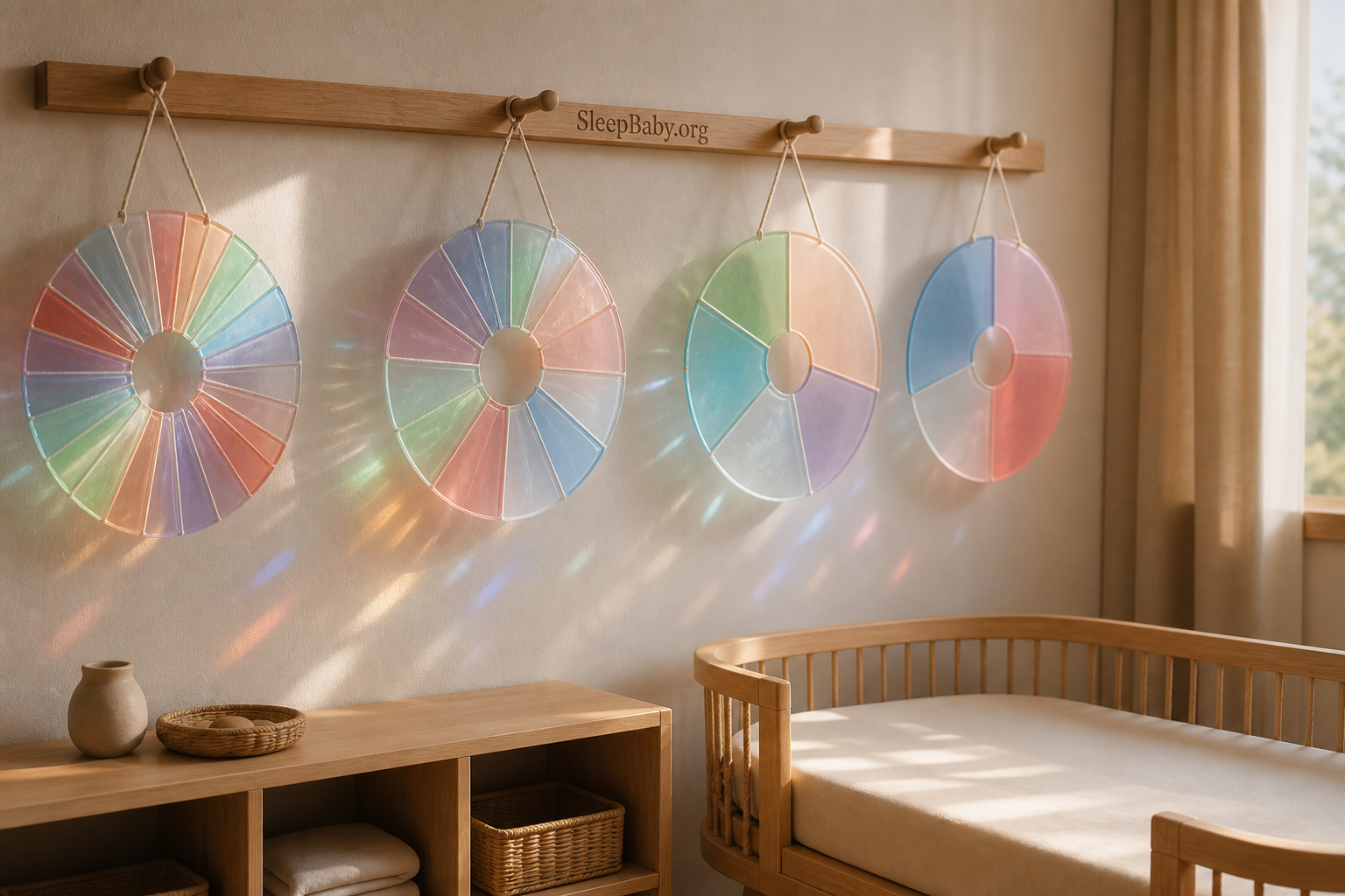 Four translucent day-night circles shift from many short baby sleep segments to fewer long segments above an empty safe bassinet.
