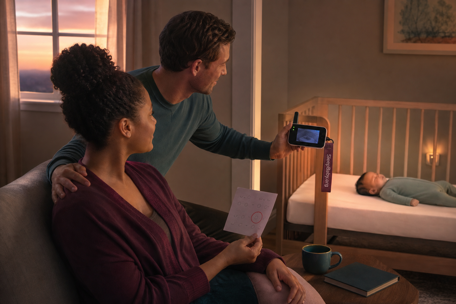 Two alert caregivers review one circled sleep pattern beside a baby sleeping on the back in a bare crib at dawn