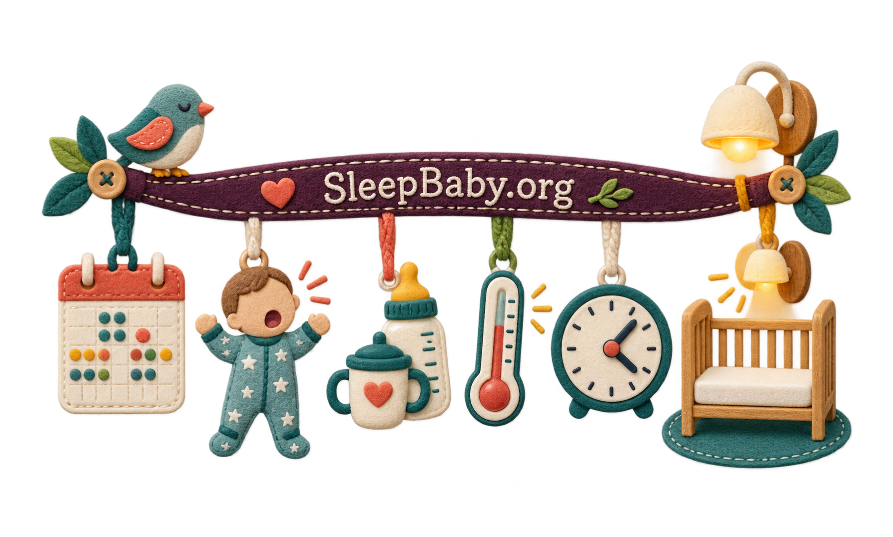 Felt rail with calendar dots, an awake baby cue, feeding bottle, temperature check, clock, lamp, and bare crib