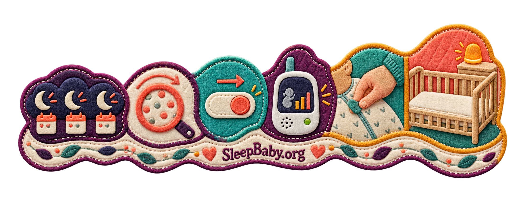 Quilted rail with three night marks, a circled clue, one toggle, monitor, sleep-sack adjustment, and bare crib