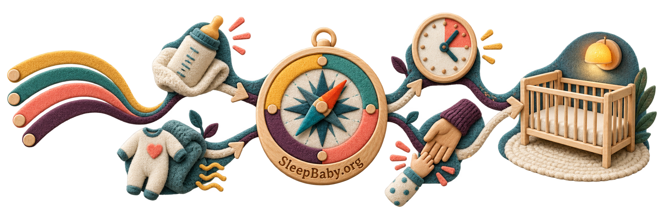 Transparent fabric rail with age arcs, feeding, comfort, compass, clock, handoff, and an empty crib under a nightlight