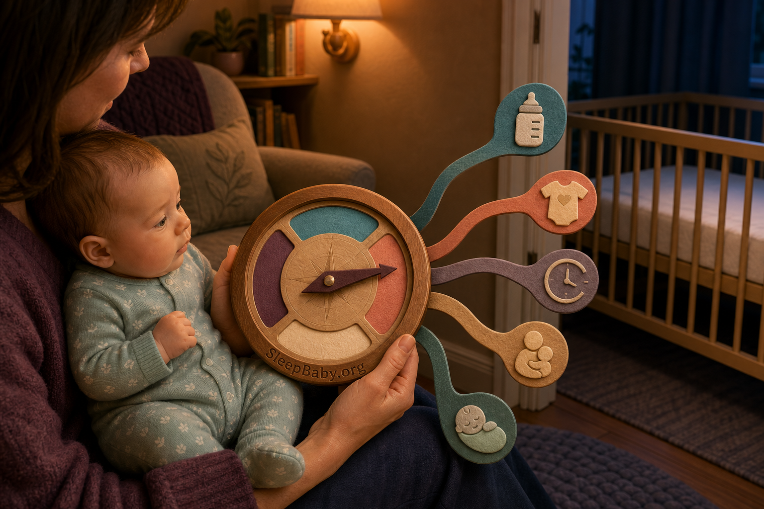 Caregiver holds a wooden pattern compass with feeding, comfort, timing, handoff, and safe crib branches beside an awake baby