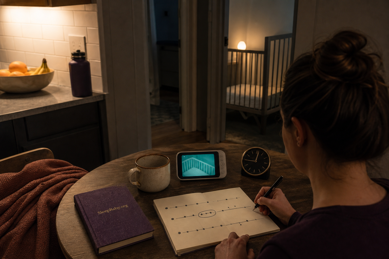 Parent circles one repeated clue across three nonverbal night rows while checking a monitor near a bare crib